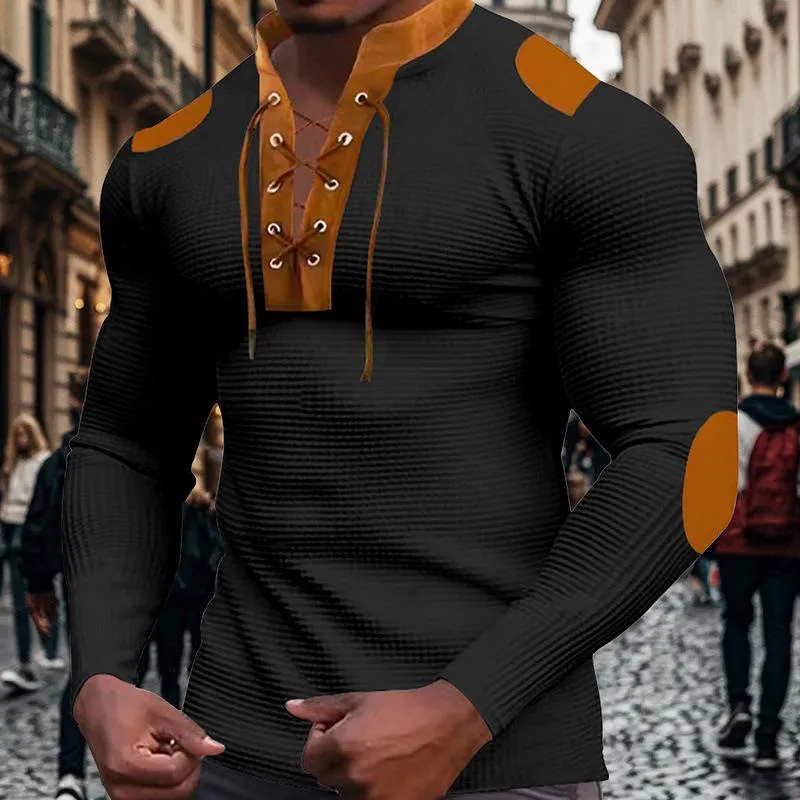Men's Casual Colorblock Waffle Lace-up Stand Collar Slim Long Sleeve T-shirt 53169118M