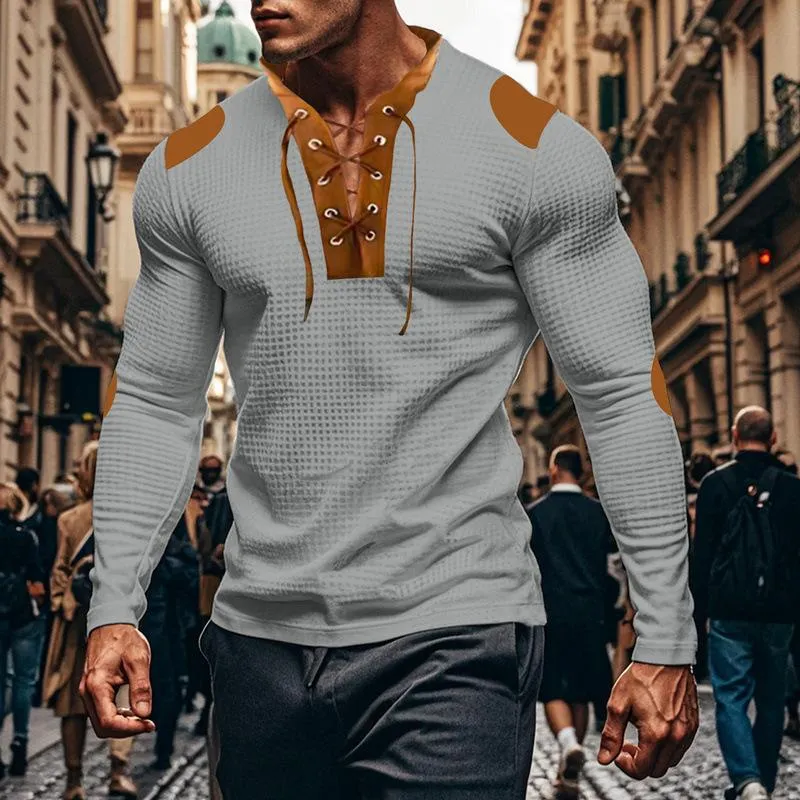 Men's Casual Colorblock Waffle Lace-up Stand Collar Slim Long Sleeve T-shirt 53169118M