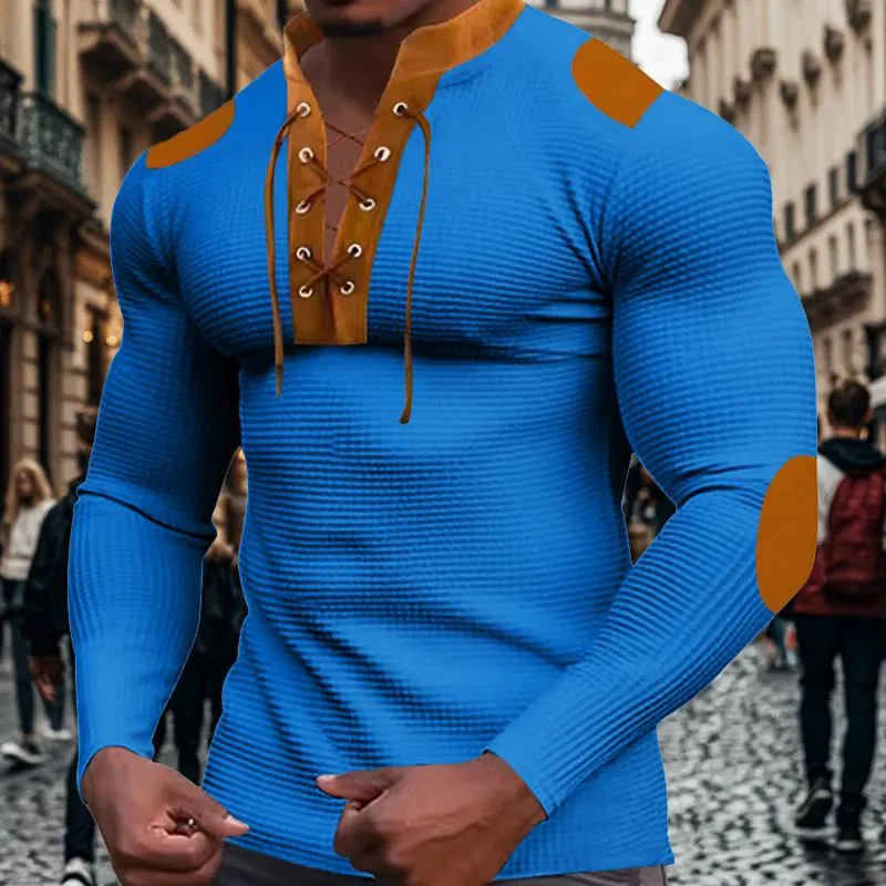 Men's Casual Colorblock Waffle Lace-up Stand Collar Slim Long Sleeve T-shirt 53169118M