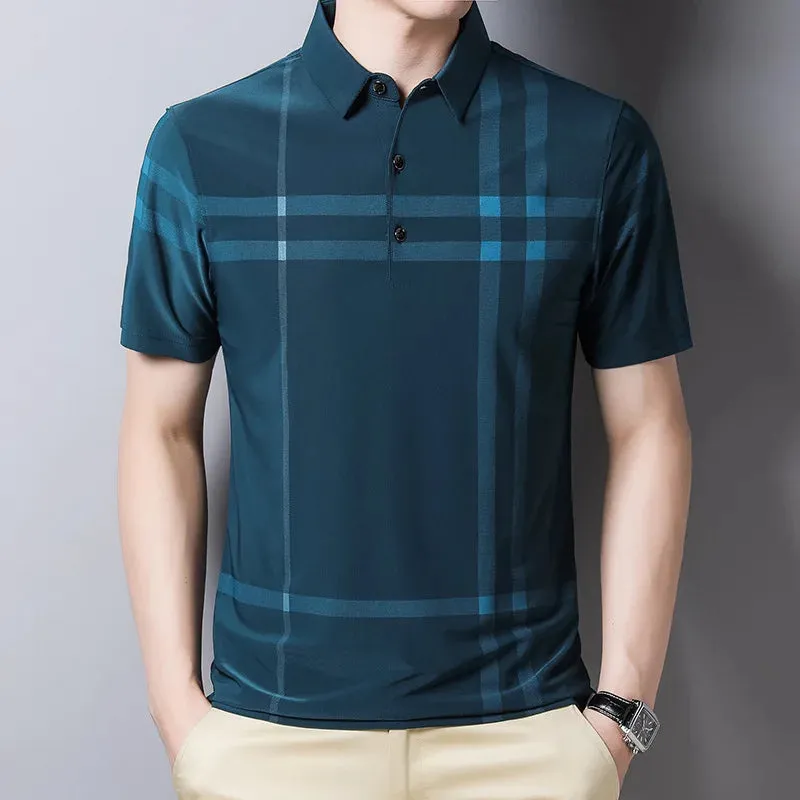 Men's Short Sleeve Polo Shirt-Summer Stripes Print Tops for Men