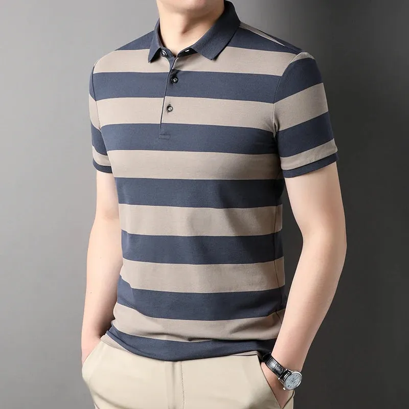Men's Short Sleeve Polo Shirt-Summer Stripes Print Tops for Men