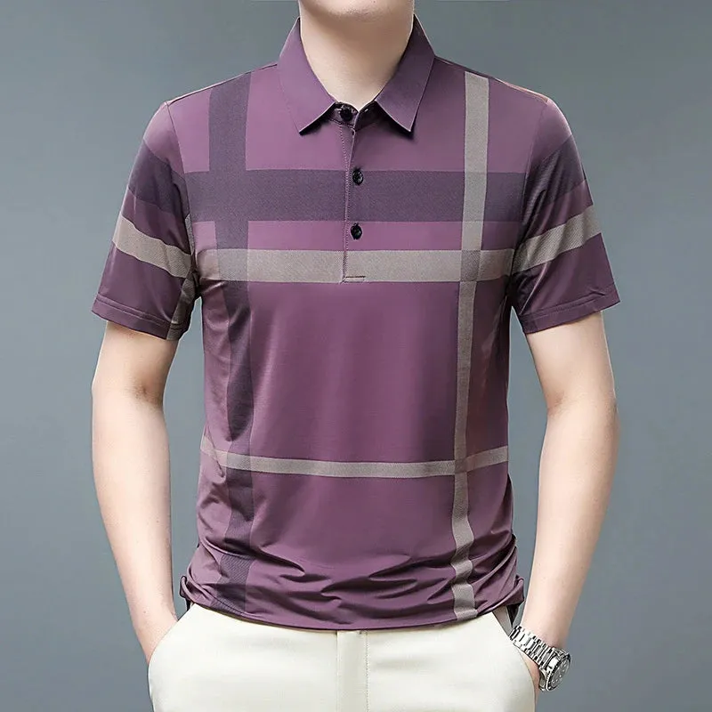 Men's Short Sleeve Polo Shirt-Summer Stripes Print Tops for Men
