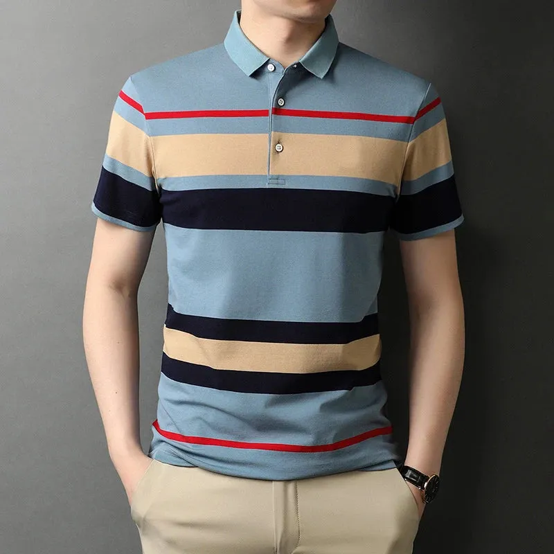 Men's Short Sleeve Polo Shirt-Summer Stripes Print Tops for Men