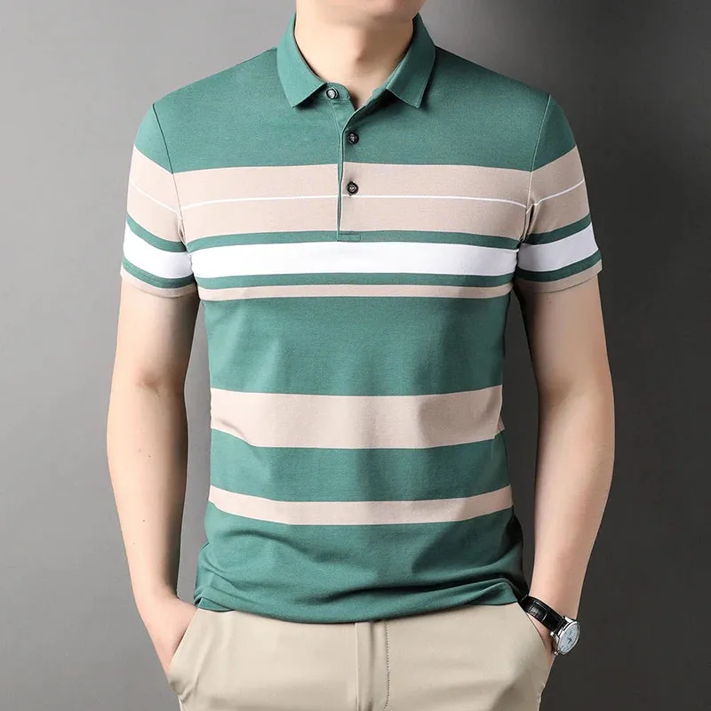 Men's Short Sleeve Polo Shirt-Summer Stripes Print Tops for Men