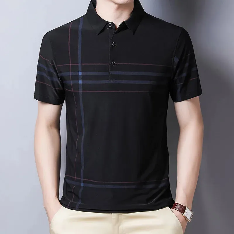 Men's Short Sleeve Polo Shirt-Summer Stripes Print Tops for Men