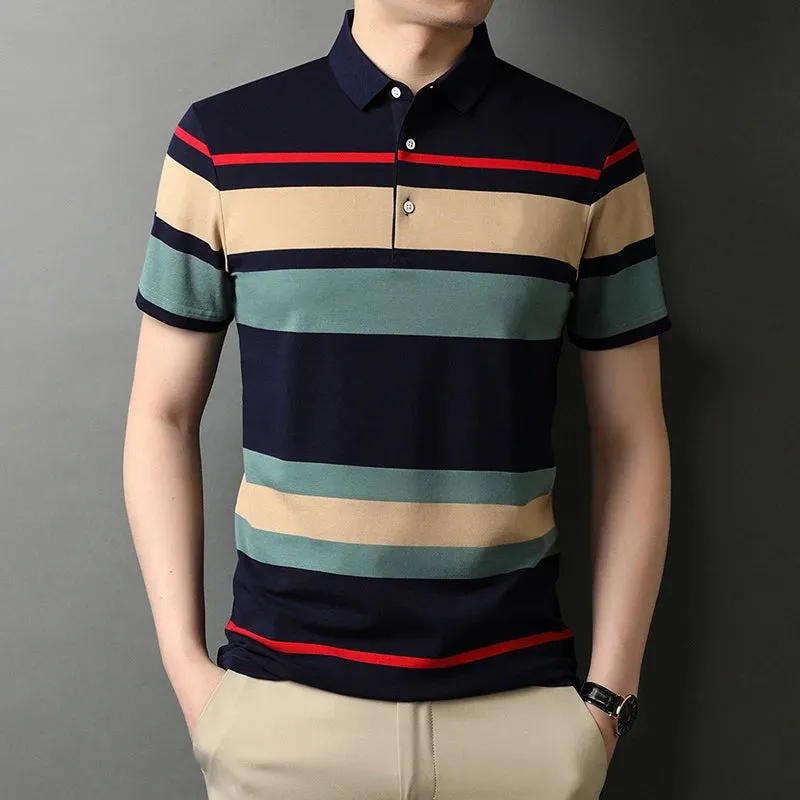 Men's Short Sleeve Polo Shirt-Summer Stripes Print Tops for Men