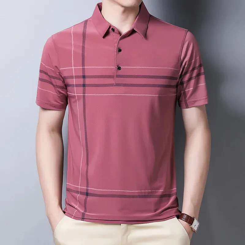 Men's Short Sleeve Polo Shirt-Summer Stripes Print Tops for Men