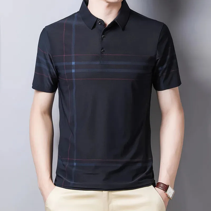 Men's Short Sleeve Polo Shirt-Summer Stripes Print Tops for Men