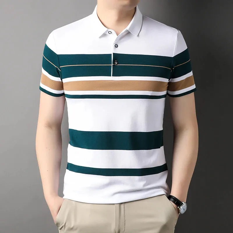 Men's Short Sleeve Polo Shirt-Summer Stripes Print Tops for Men