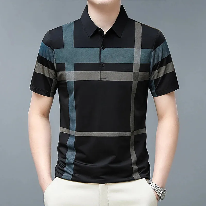 Men's Short Sleeve Polo Shirt-Summer Stripes Print Tops for Men