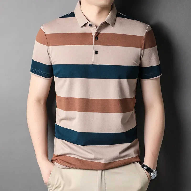 Men's Short Sleeve Polo Shirt-Summer Stripes Print Tops for Men