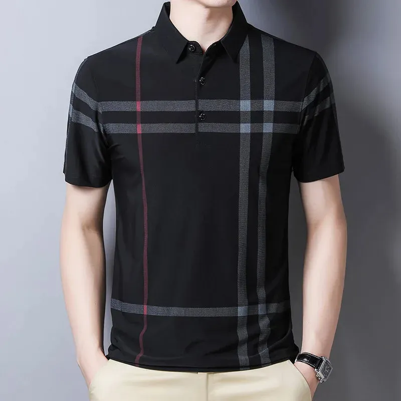 Men's Short Sleeve Polo Shirt-Summer Stripes Print Tops for Men
