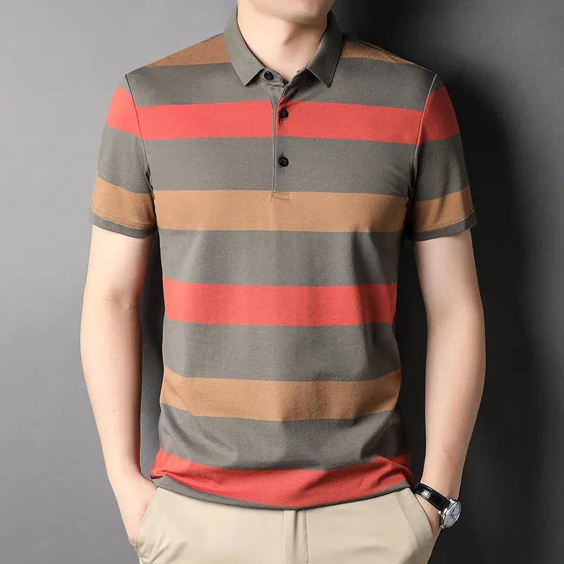 Men's Short Sleeve Polo Shirt-Summer Stripes Print Tops for Men