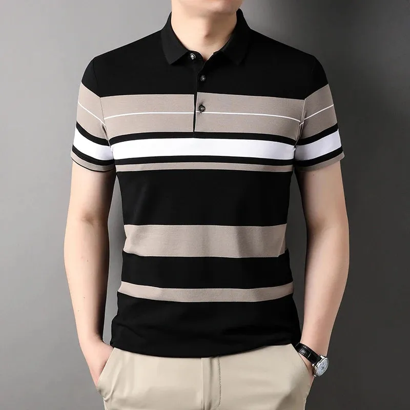 Men's Short Sleeve Polo Shirt-Summer Stripes Print Tops for Men