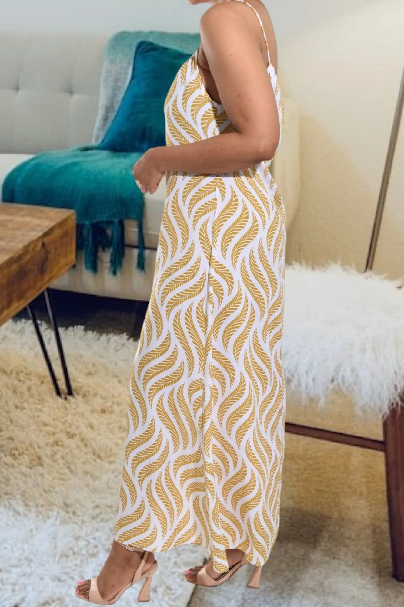 Mustard Printed Strappy Maxi Dress