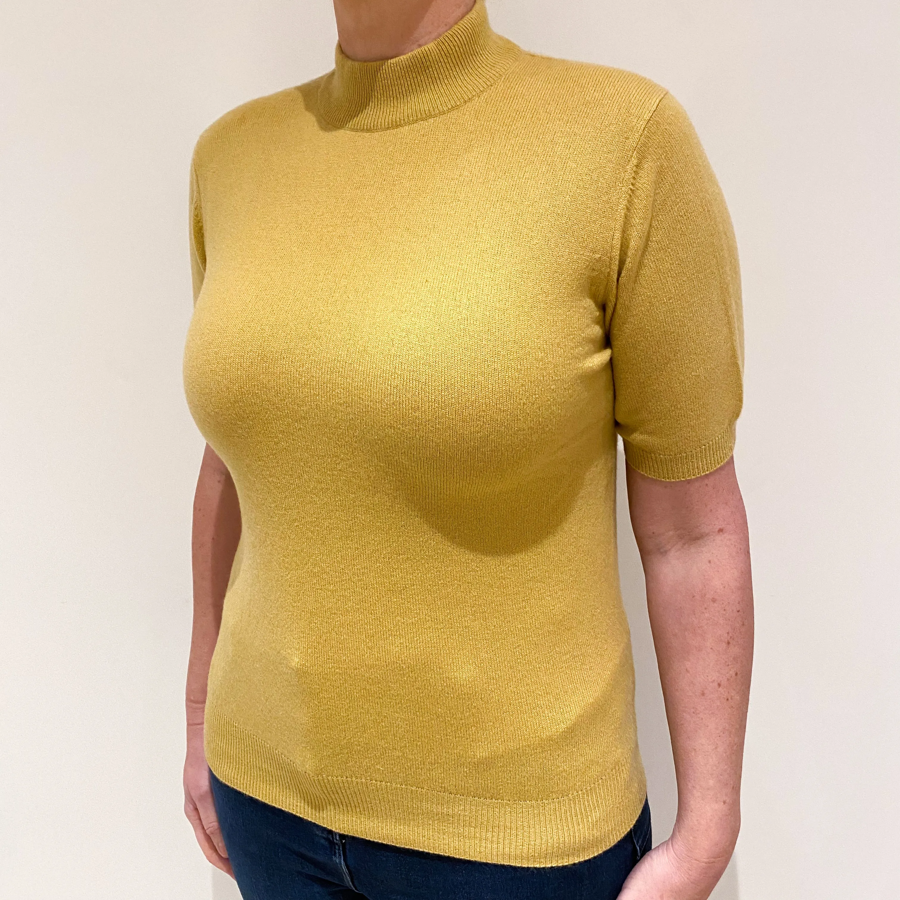 Mustard Yellow Cashmere Short Sleeved Turtleneck Jumper Large