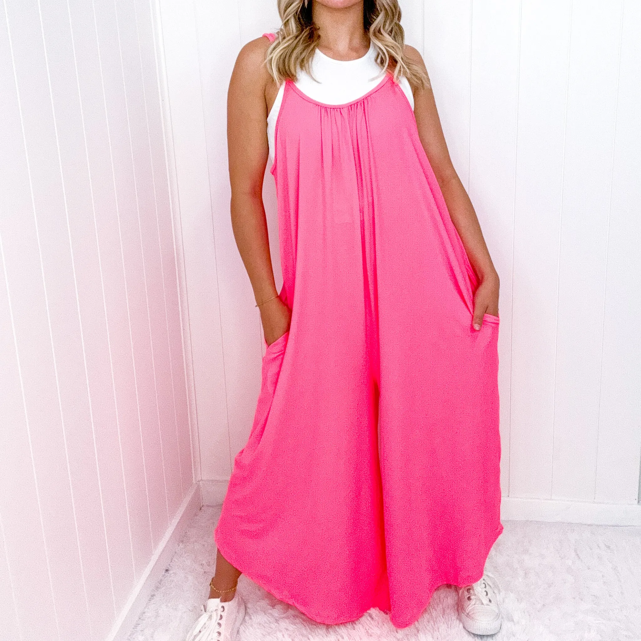 Neon Pink Flowy Romper with Adjustable Straps