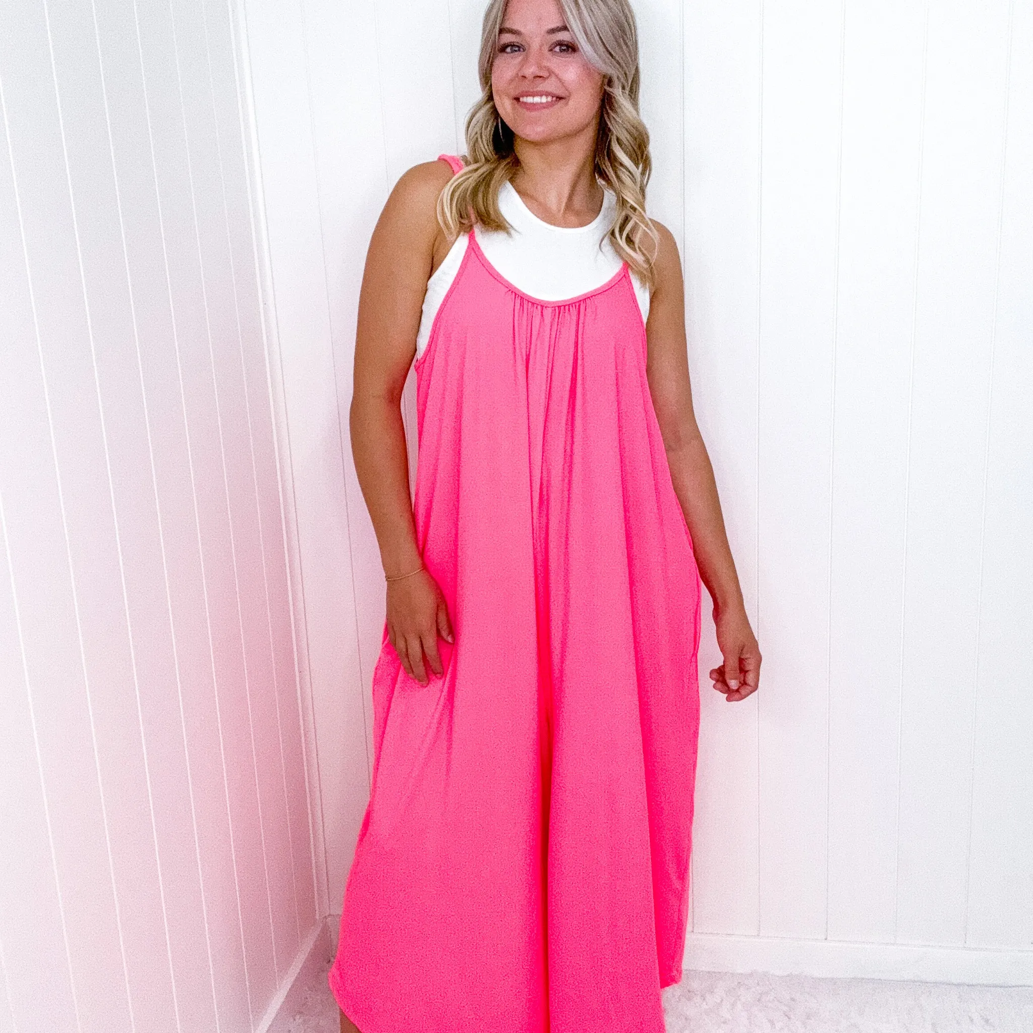 Neon Pink Flowy Romper with Adjustable Straps