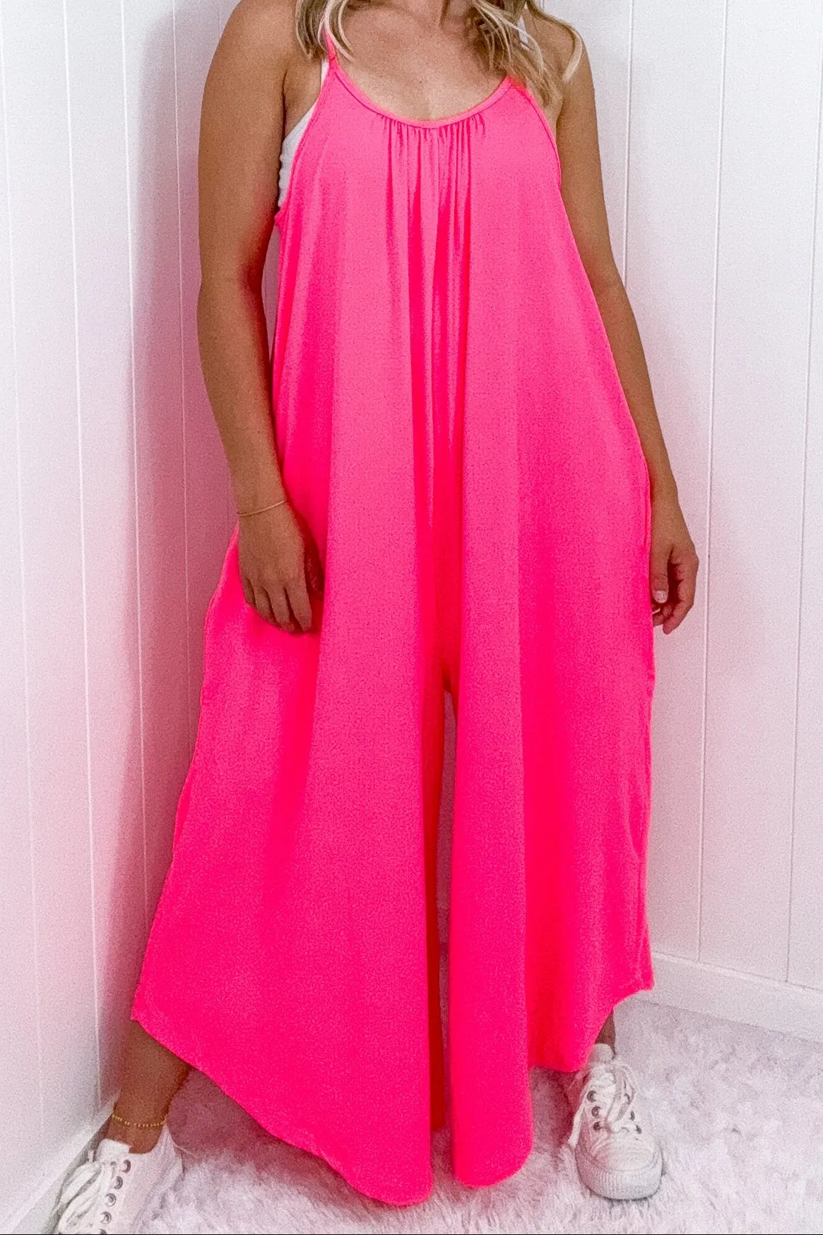 Neon Pink Flowy Romper with Adjustable Straps