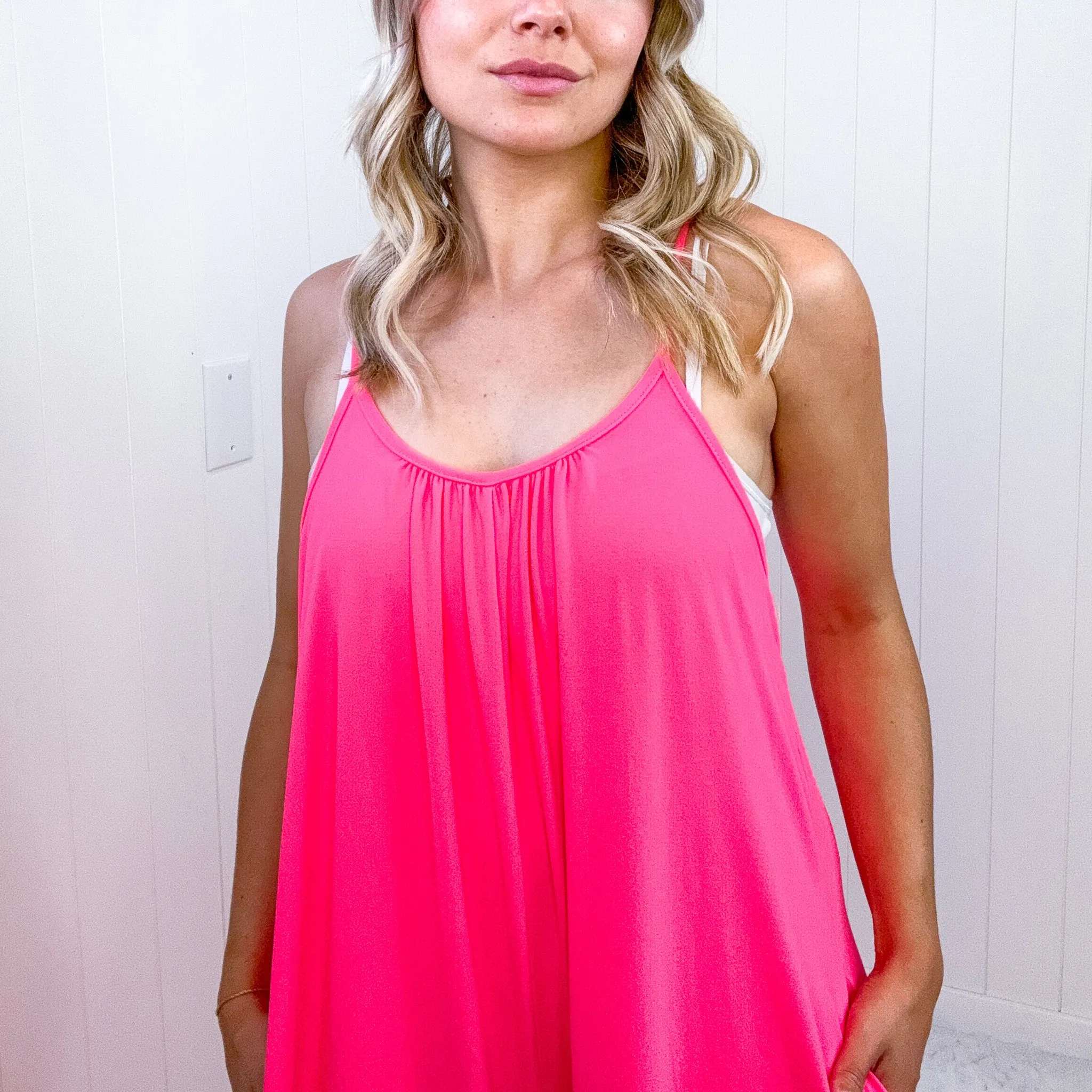 Neon Pink Flowy Romper with Adjustable Straps