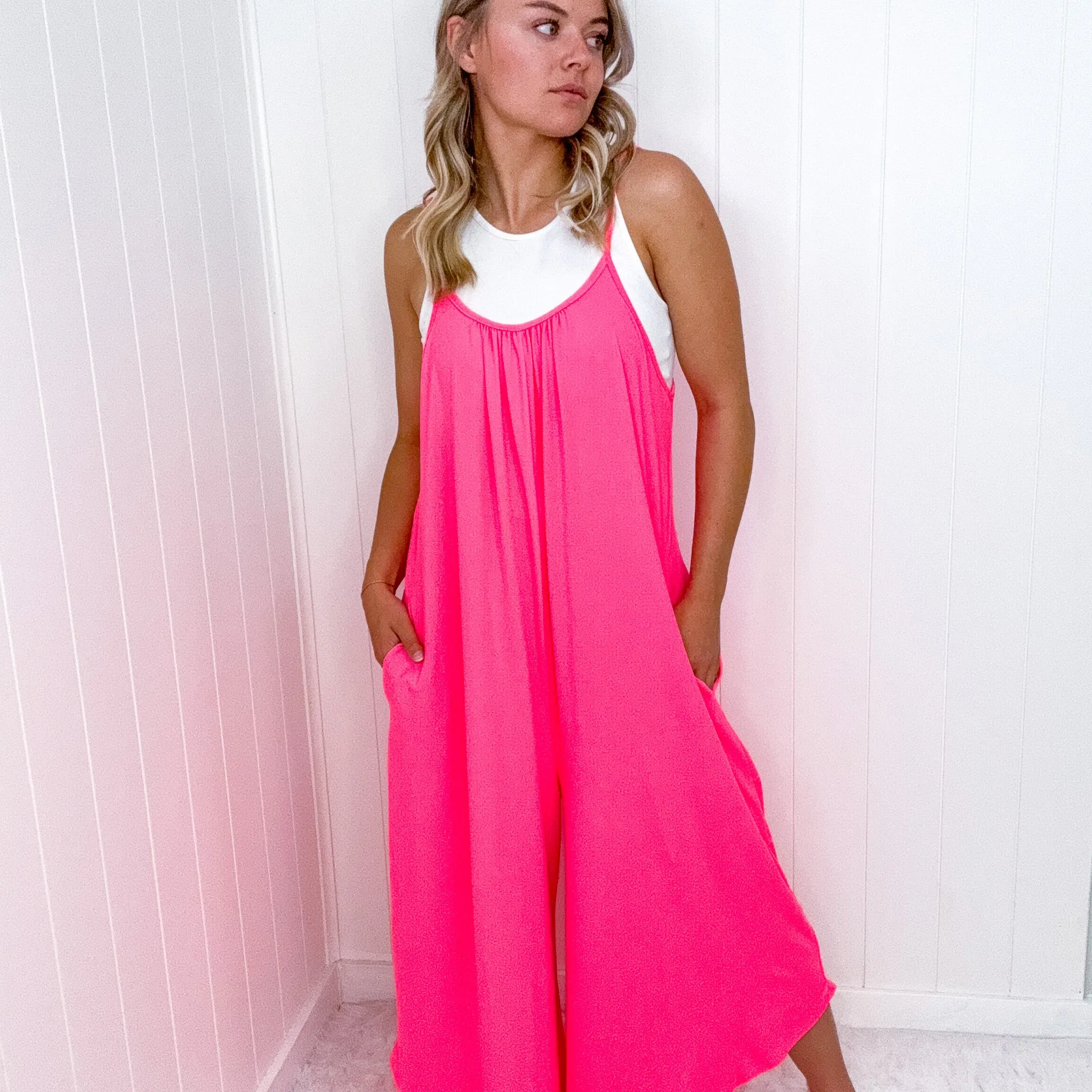 Neon Pink Flowy Romper with Adjustable Straps