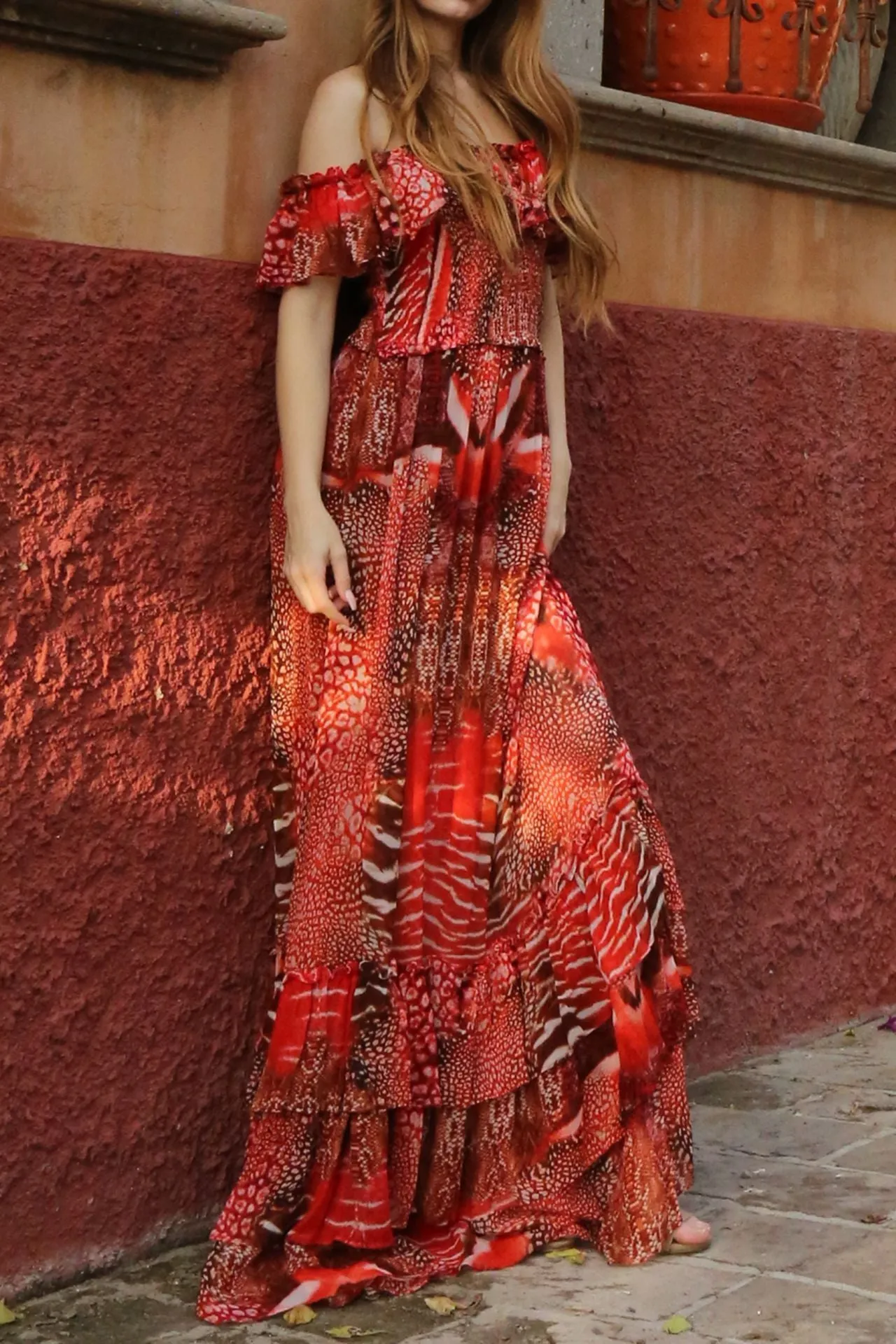 Off Shoulder Red Ruffle Dress