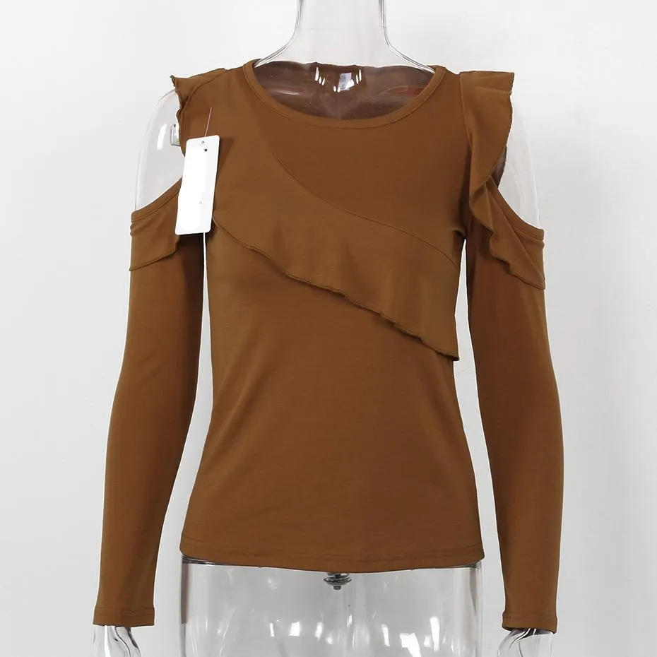 Off Shoulder Ruffled Long Sleeve Shirt