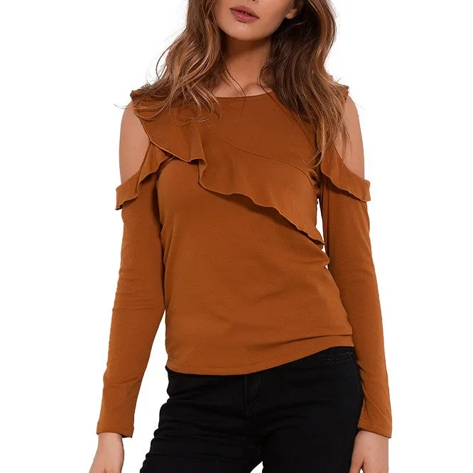 Off Shoulder Ruffled Long Sleeve Shirt