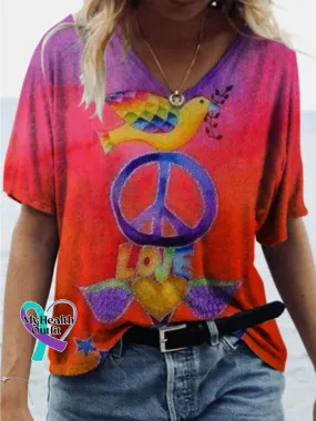 Peace Flower Peace Dove Gradient Printing Loose Casual V-Neck Short Sleeve T-Shirt