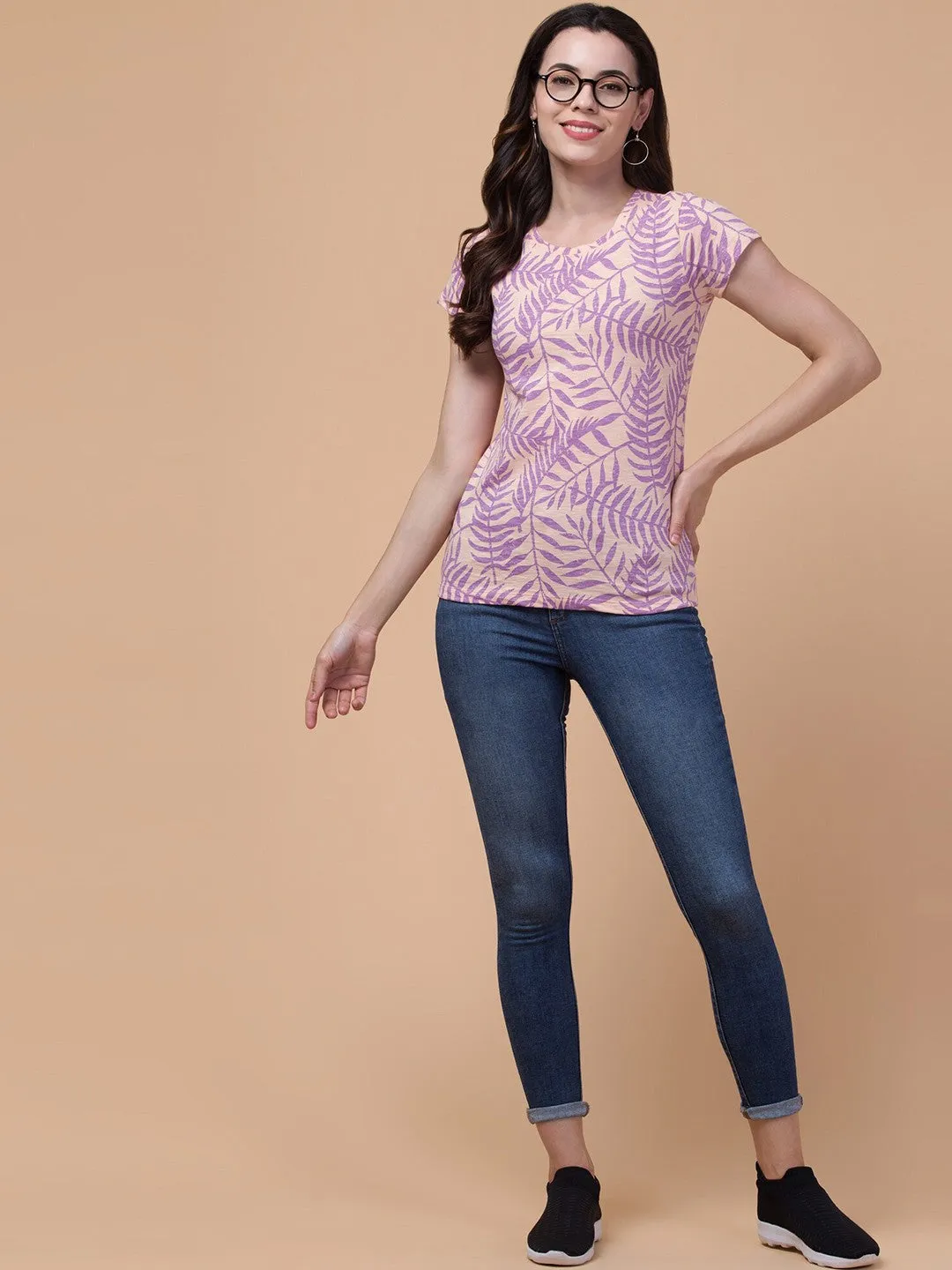 Peach Floral Print  Relaxed Fit T-shirt