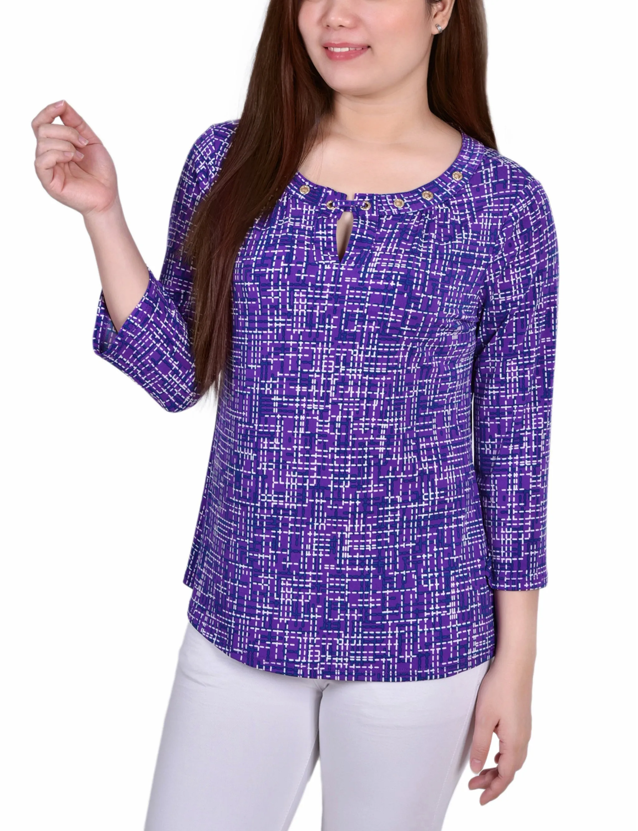 Petite 3/4 Sleeve Grommet Top