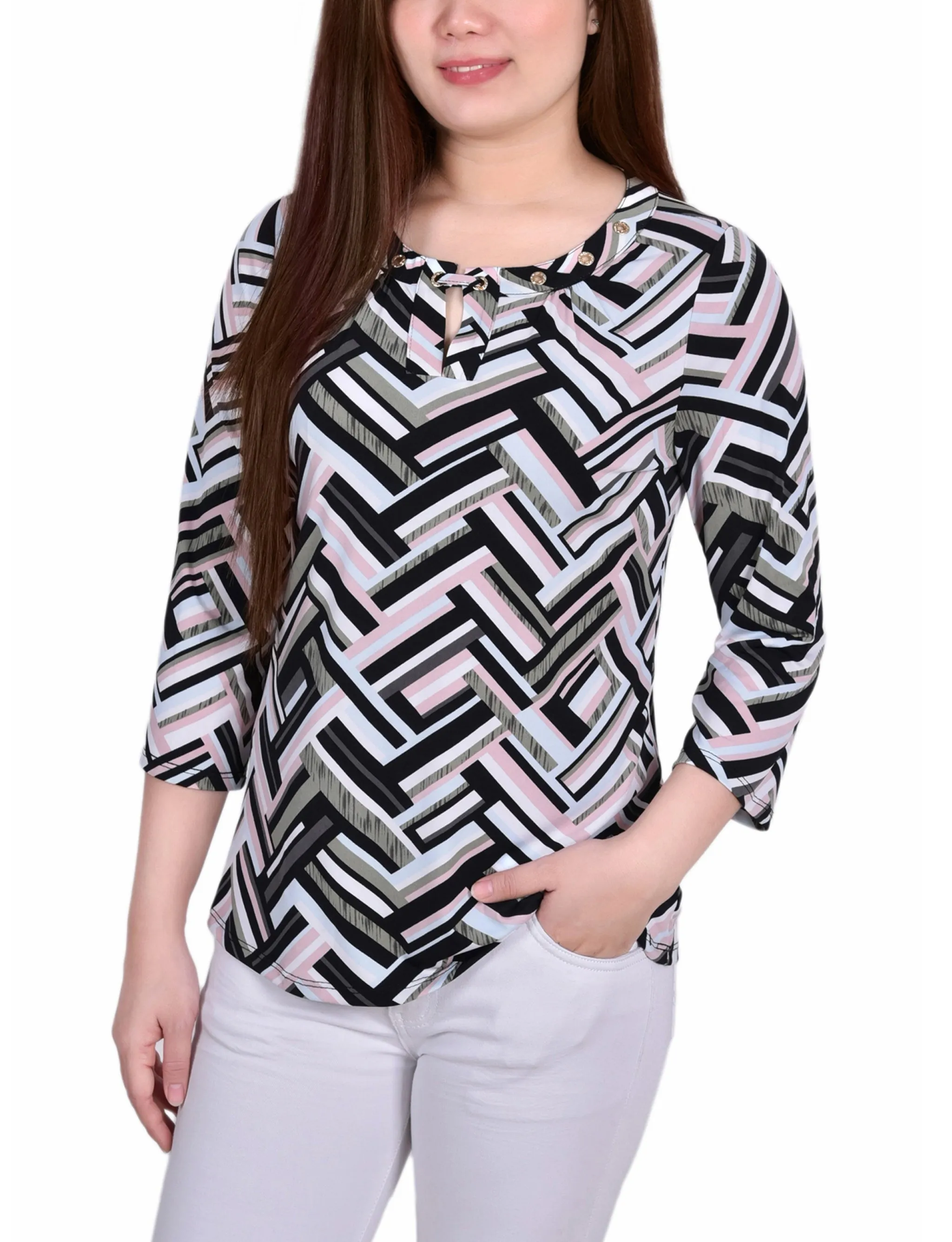 Petite 3/4 Sleeve Grommet Top
