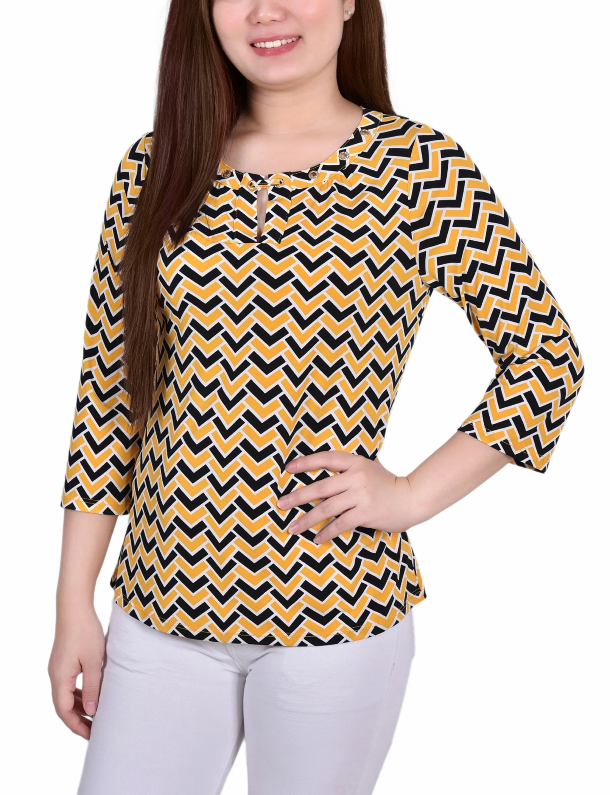 Petite 3/4 Sleeve Grommet Top