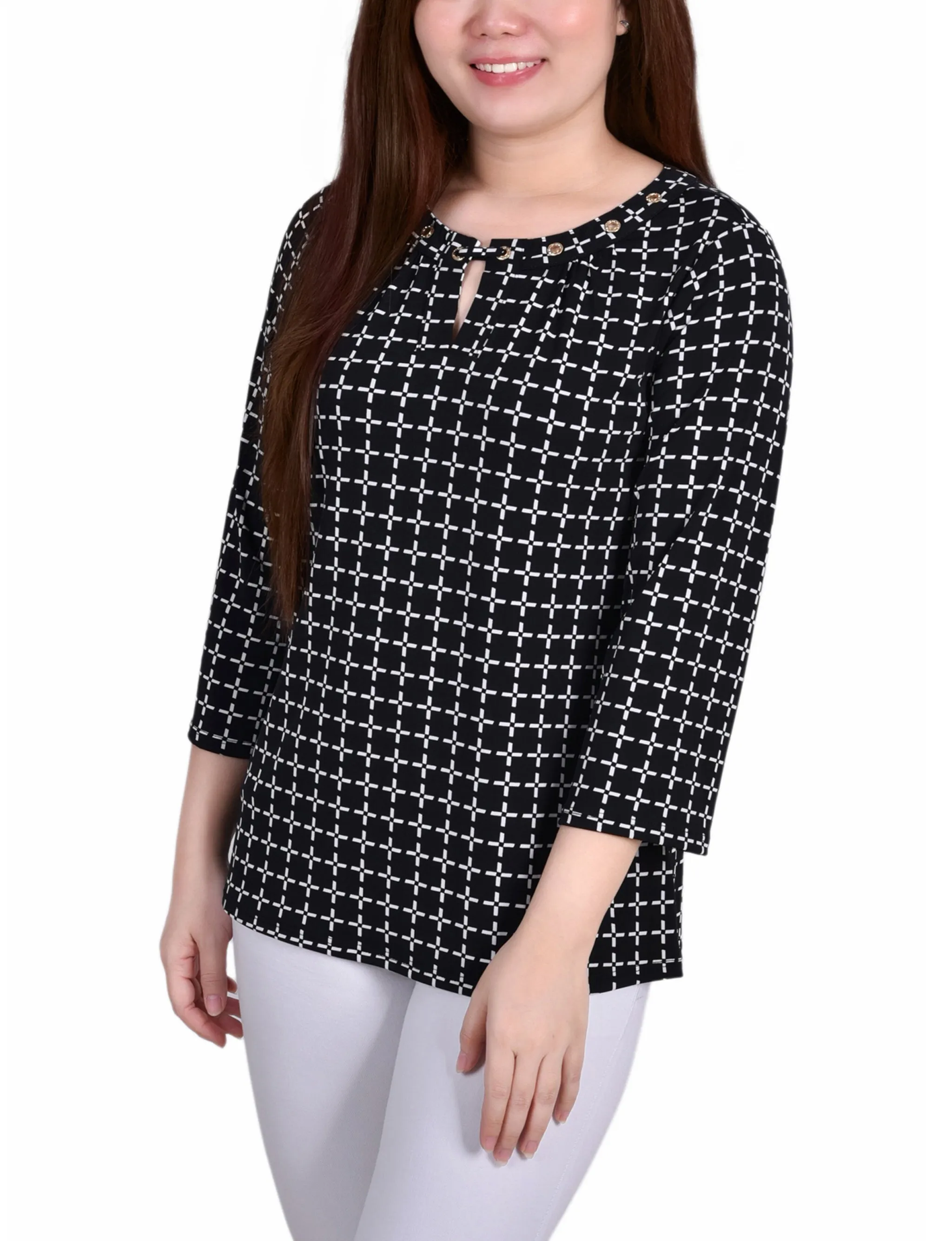 Petite 3/4 Sleeve Grommet Top
