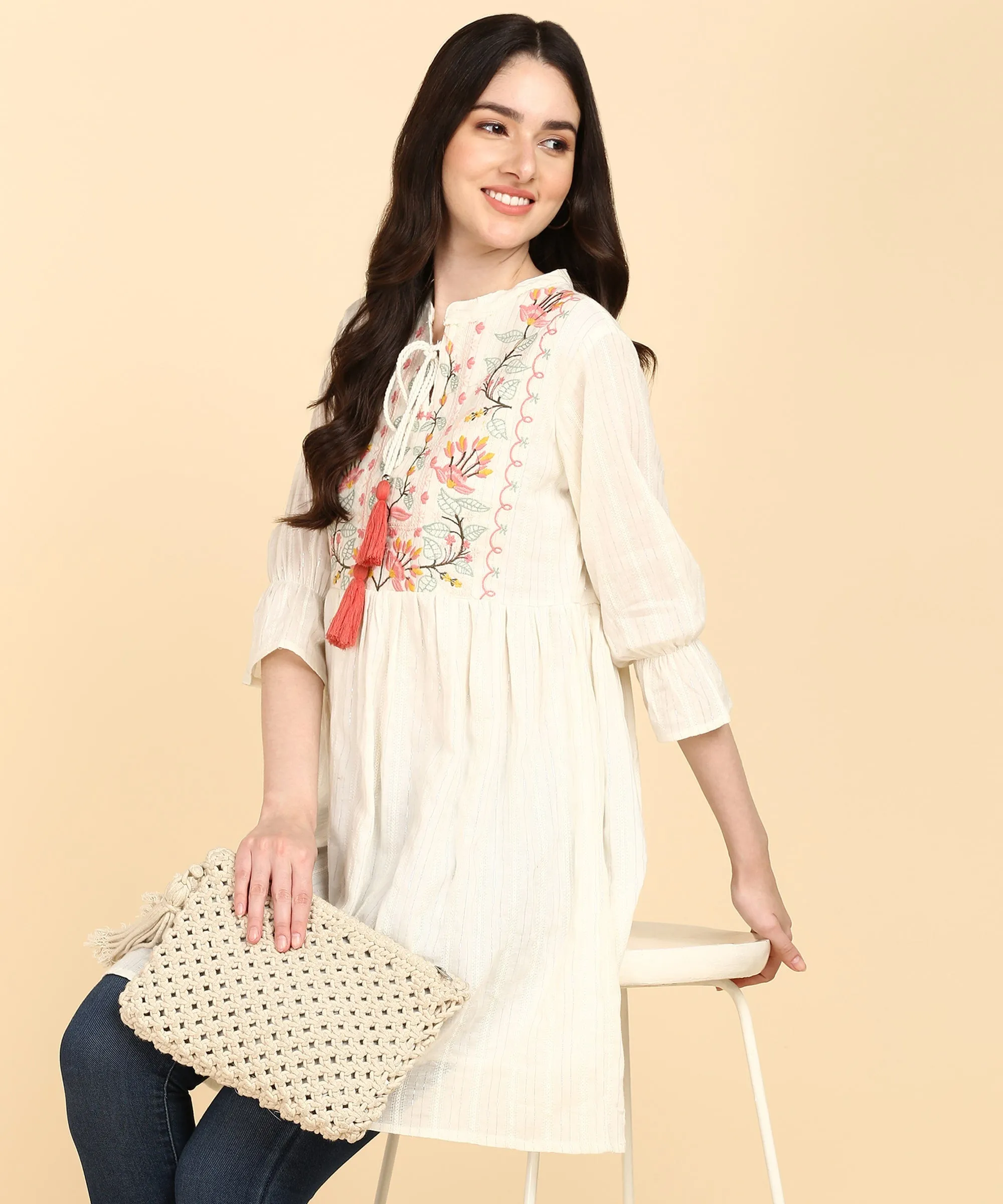 Pink Cotton Lurex Embroidered Tunic