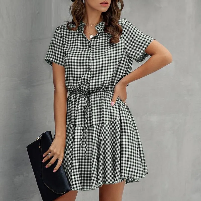 Plus Size Plaid High Waist A-line Loose Office Mini Dress