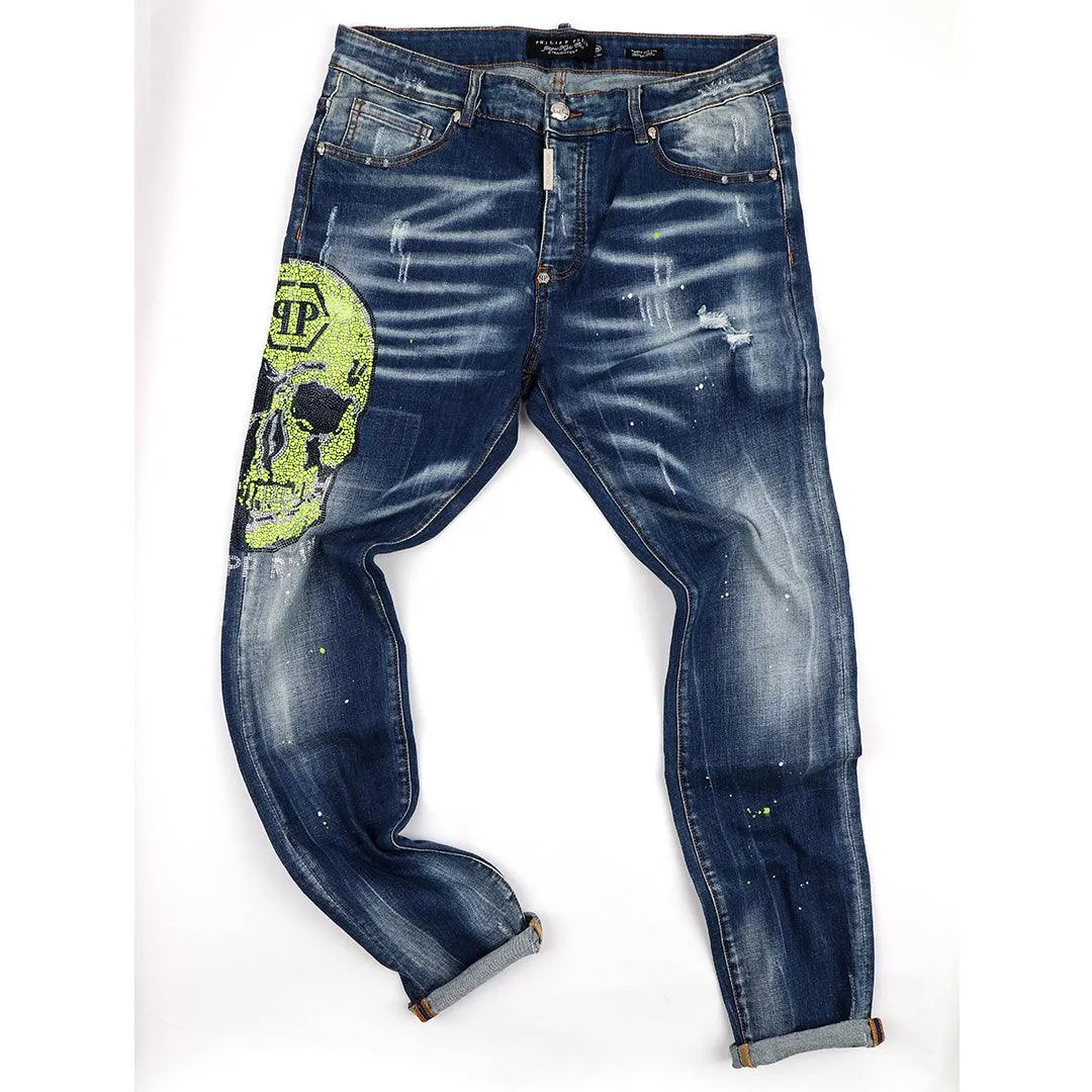 PP Men's Straight Cut Rhinestone Green Glittered Skull Jeans- Blue