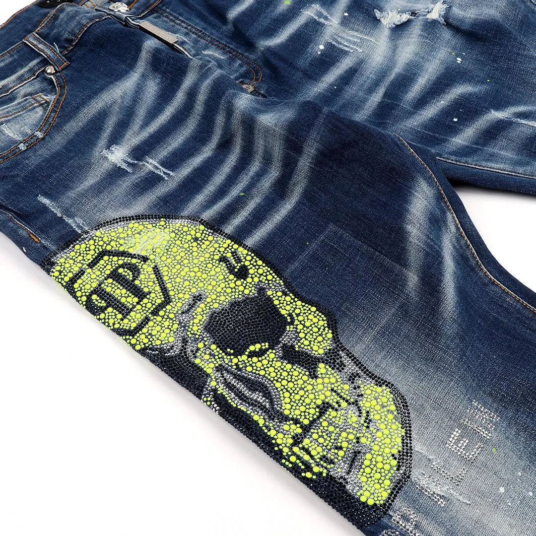 PP Men's Straight Cut Rhinestone Green Glittered Skull Jeans- Blue
