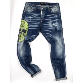 PP Men's Straight Cut Rhinestone Green Glittered Skull Jeans- Blue