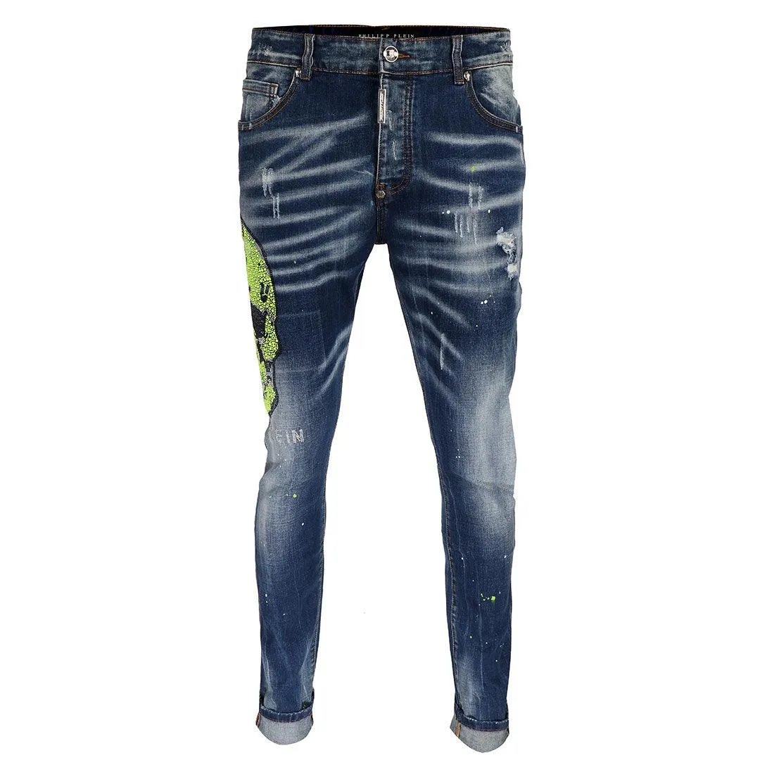 PP Men's Straight Cut Rhinestone Green Glittered Skull Jeans- Blue