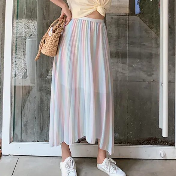 Rainbow Gradient Glossy Pleated Skirt