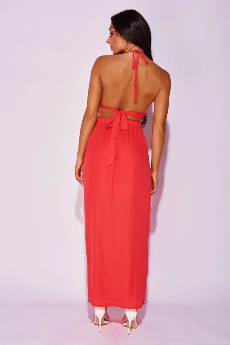 Red Cut Out Waist Thigh Split Halterneck Maxi Dress