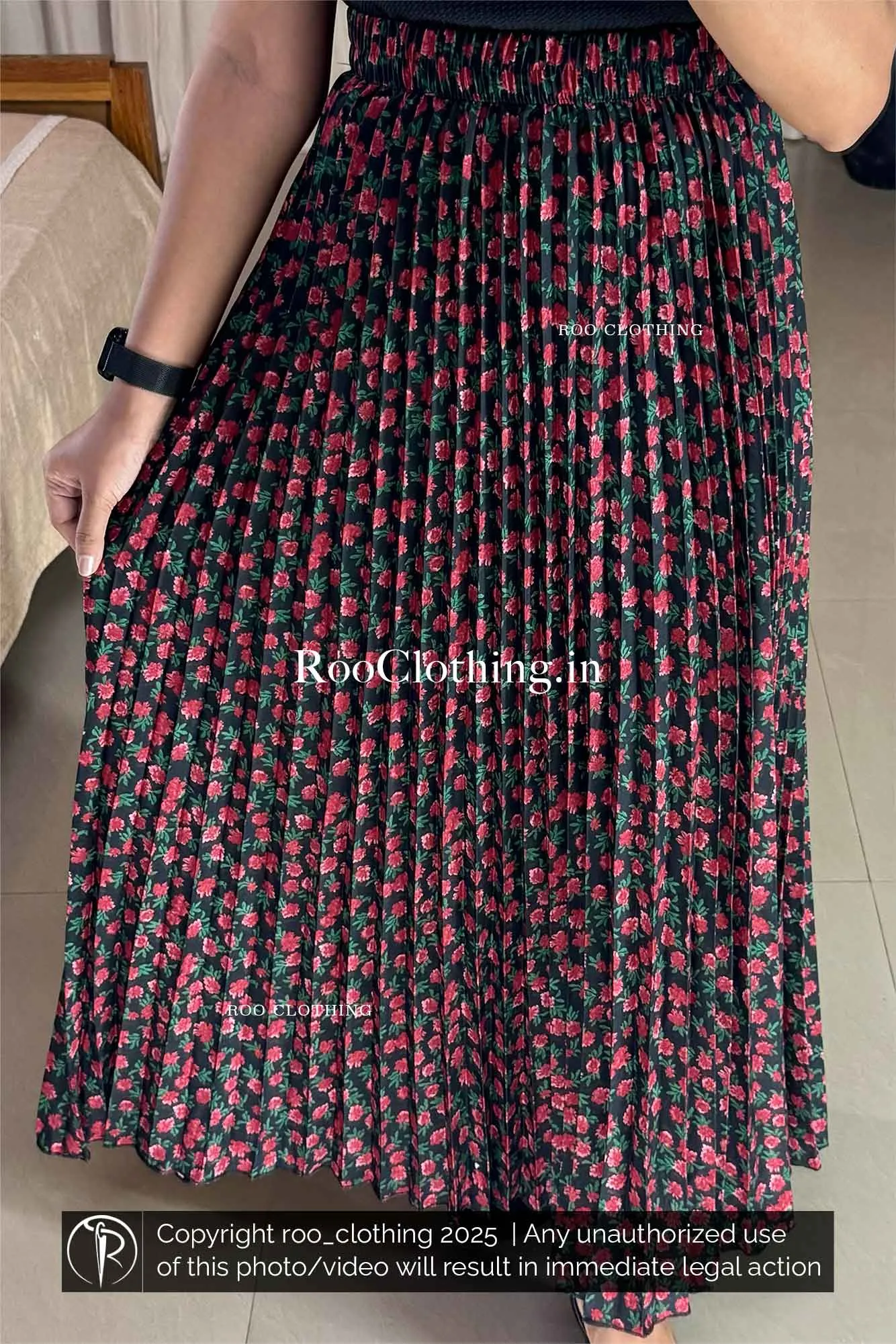 Red Floral Print Full-Length Black Accordion Pleated Skirt Only