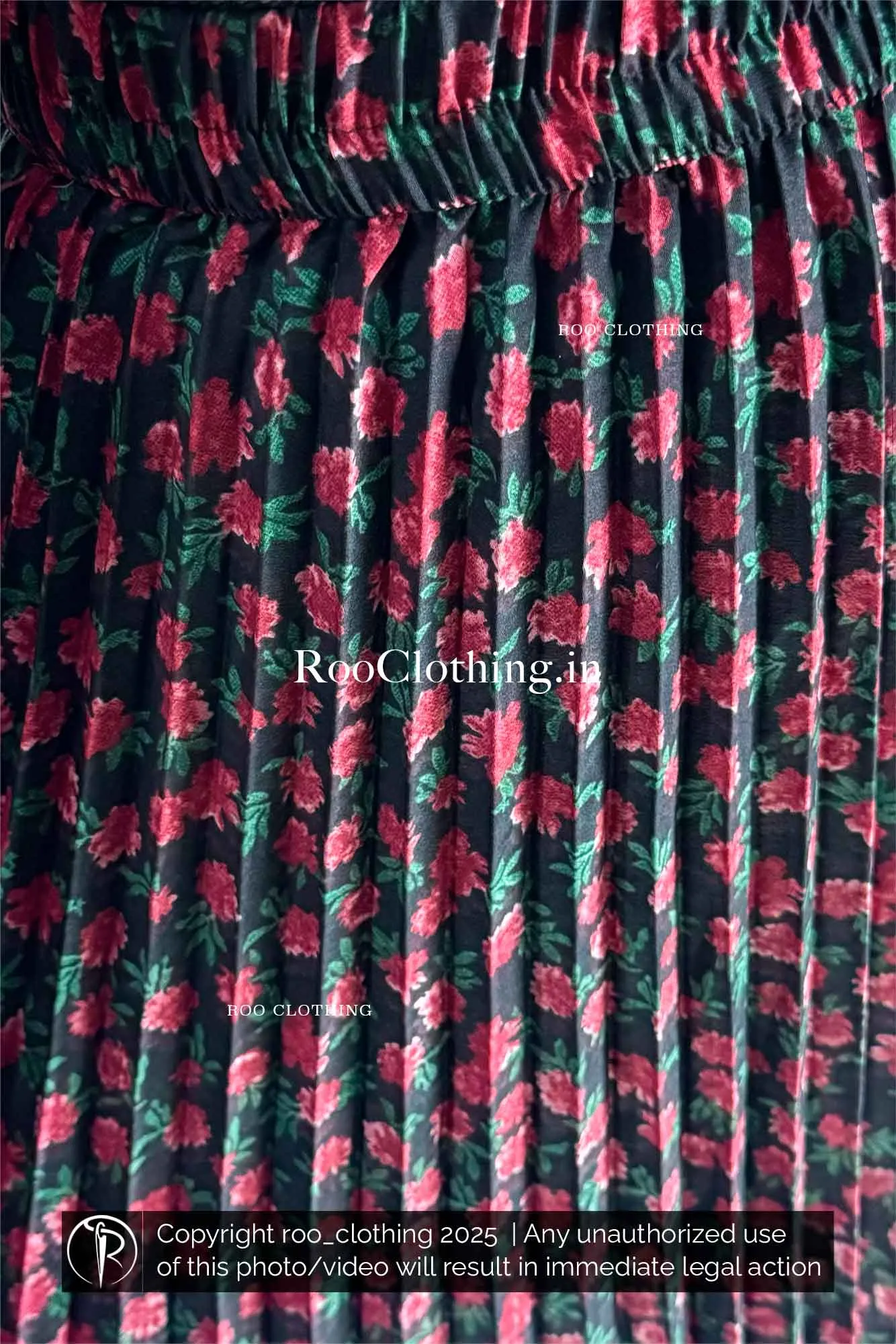 Red Floral Print Full-Length Black Accordion Pleated Skirt Only