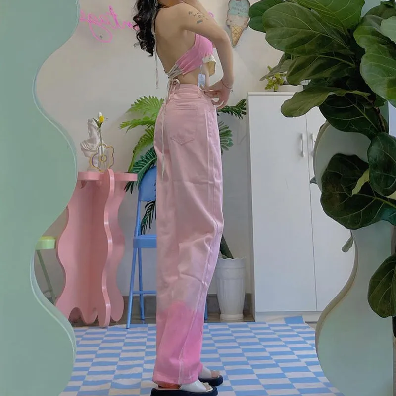 Retro Girl Sweet Gradient Pink High Waist Jeans Pants