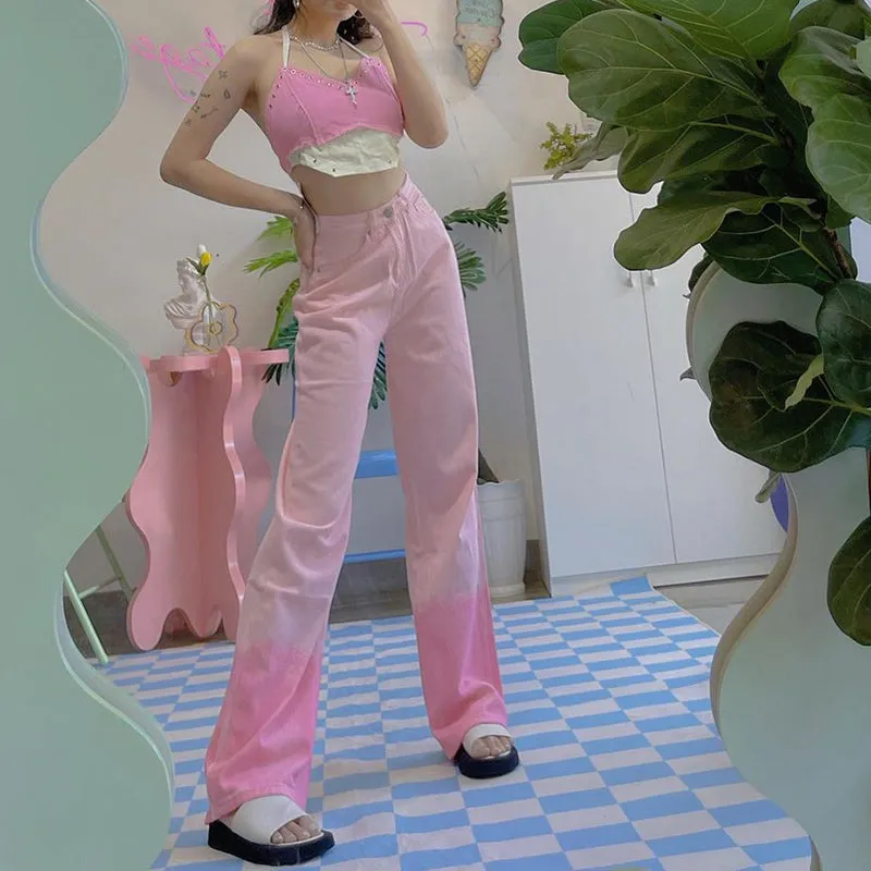 Retro Girl Sweet Gradient Pink High Waist Jeans Pants