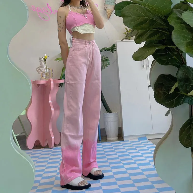 Retro Girl Sweet Gradient Pink High Waist Jeans Pants