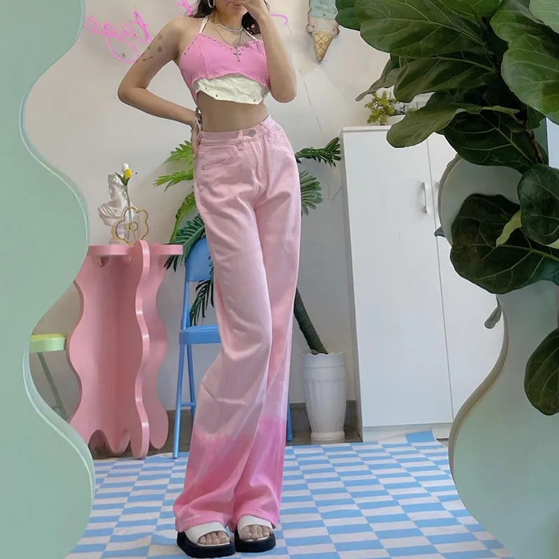 Retro Girl Sweet Gradient Pink High Waist Jeans Pants