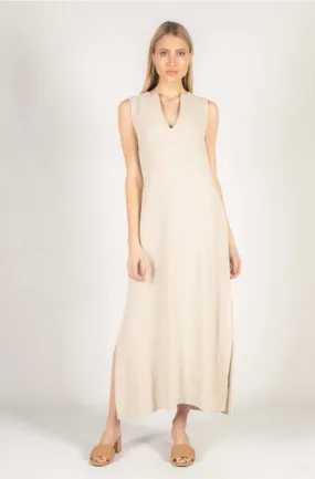 Sand Linen V Neck Dress