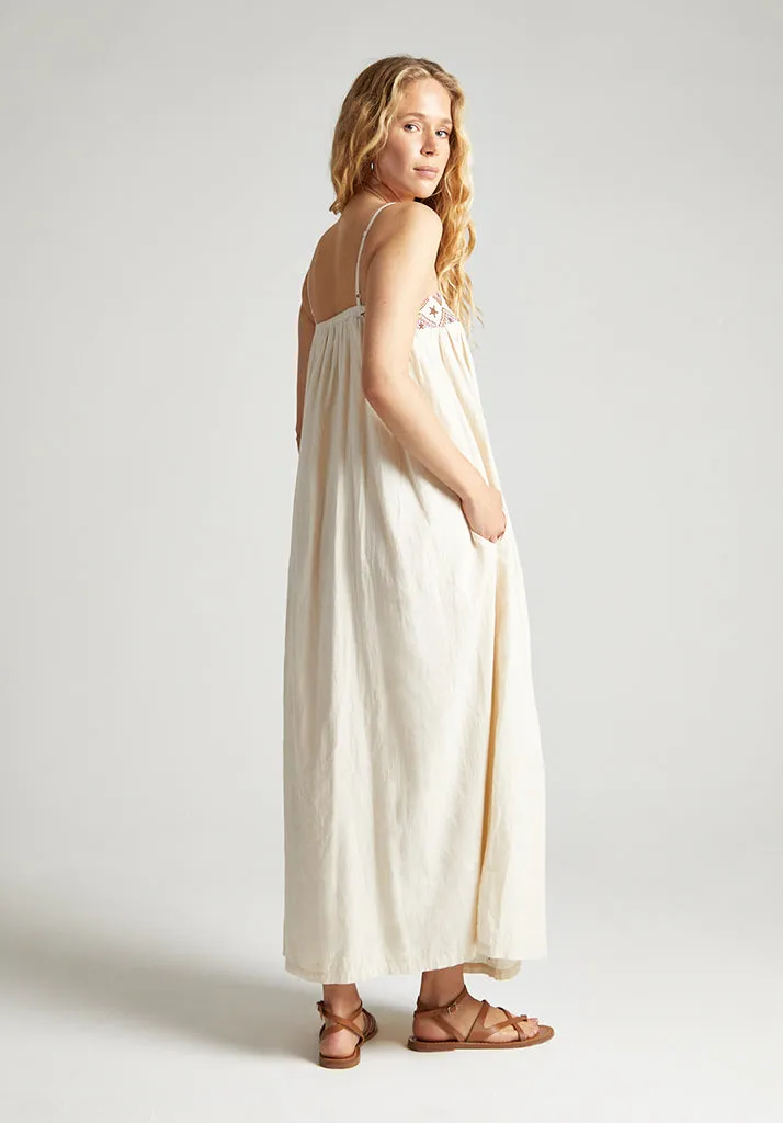 Sapphire Spaghetti Strap Embroidered Maxi Dress In Cream